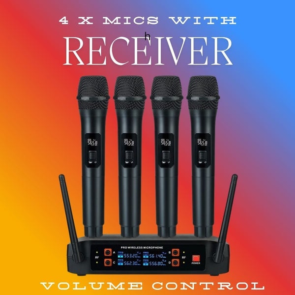 4 Channel Mic Receiver + 4 x Wireless Microphones - Individual Volume Control64363226615427111