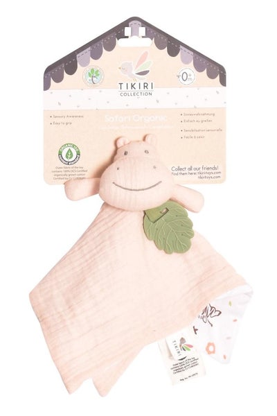 Tikiri: Muslin Comforter with Rubber Leaf Teether - Hippo Carousel 2