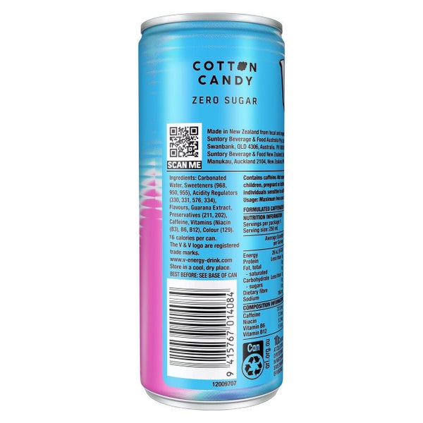 V Energy Drink Can Zero Sugar Cotton Candy 250ml (24 Pack) Carousel 2