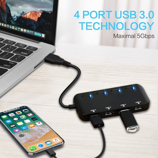 USB 3.0 Hub Splitter - 4 Port Ultra Slim Data Hub with Individual Power... Carousel 2