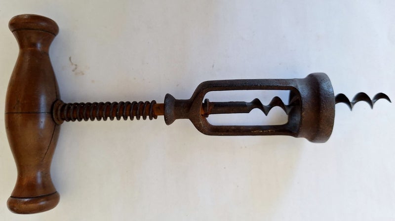 Circa 1920 Antique Corkscrew Spring load Bottle Opener Wood Handle Self Puller Carousel 1