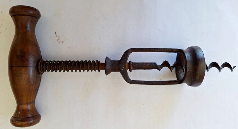 Circa 1920 Antique Corkscrew Spring load Bottle Opener Wood Handle Self Puller Carousel 2