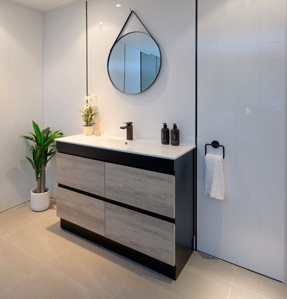 PLYWOOD VANITY 1200 FLOORSTANDING BLACK AND LIGHT OAK WITH CERAMIC TOP Carousel 1