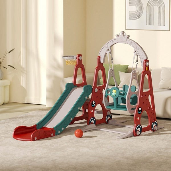 Multi-Colour Plastic Indoor/Outdoor Slide and Swing with Basket - RED Carousel 2