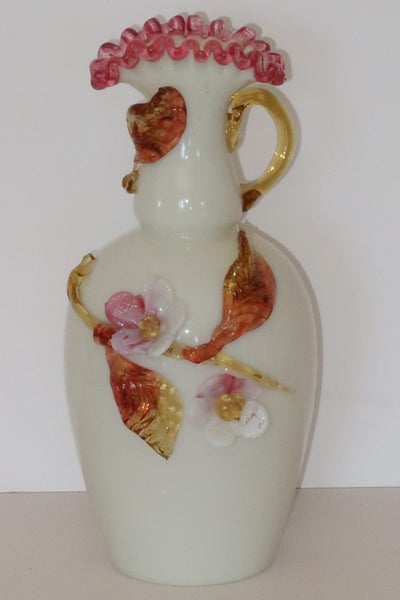 ***BEAUTIFUL GLASS VASE WITH APLLIED GLASS FLOWERS AND AMBER LEAVES*** Carousel 2