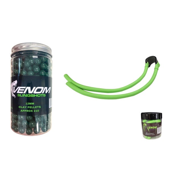 Venom Slingshot Band & Green 12mm Clay Ball Pellets 210 Pack Carousel 1