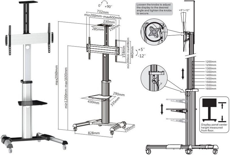 BRATECK 37-75" Telescopic Height Adjustable TV Cart-Stand Tilt Rotate64317834484097111