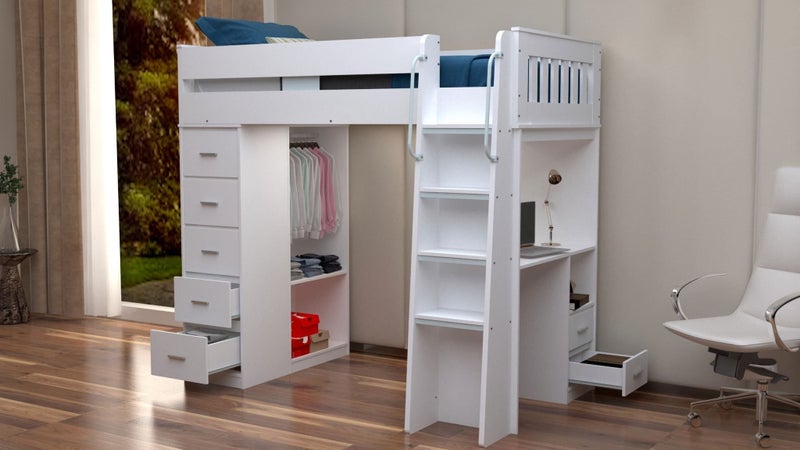 Dallas King Single Loft Bunk, Desk, Drawers, Wardrobe & Shelving - White - 2nds Carousel 1