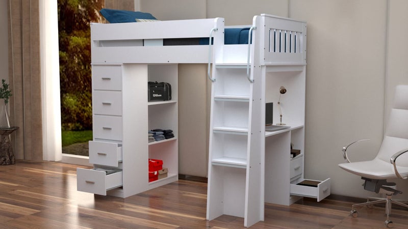Dallas King Single Loft Bunk, Desk, Drawers, Wardrobe & Shelving - White - 2nds Carousel 2