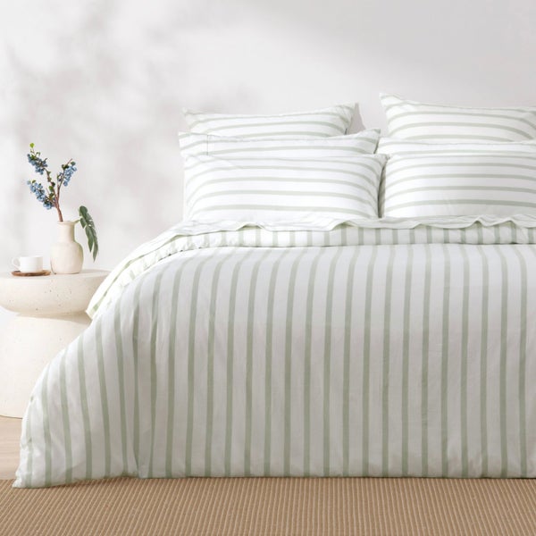 Dreamaker Bask Washed Cotton Yarn Dyed Stripe Duvet Cover Set Sage Single Carousel 1