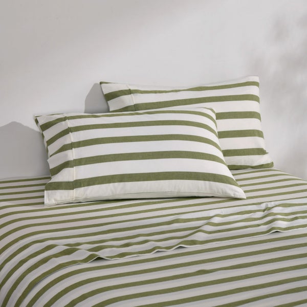 Dreamaker Cove Washed Cotton Yarn Dyed Wide Stripe Sheet Set Olive Queen Carousel 2