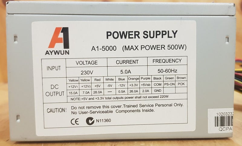 AYWUN 500W MAX A1-5000 ATX POWER SUPPLY (PSU) Carousel 1