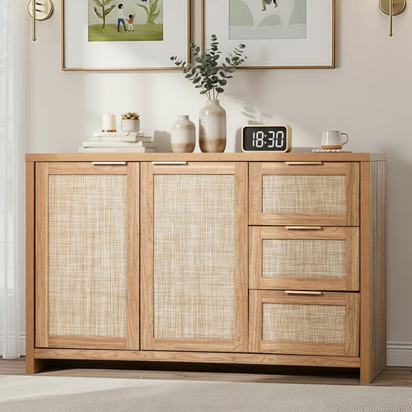 Buffet Sideboard Storage Cabinet Rattan Cupboard 3 Drawer Hallway Table Carousel 1