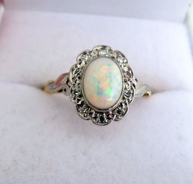Art Nouveau handmade Opal and diamond 18ct/plat cluster64562241698562112