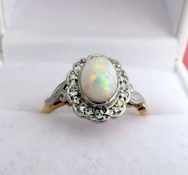 Art Nouveau handmade Opal and diamond 18ct/plat cluster64562241698562113