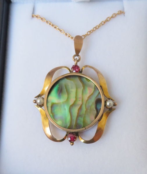 Art Nouveau Paua, Garnet and natural pearl- 9ct gold