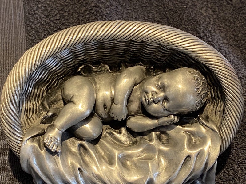 Signed J Tupton - Sleeping Baby in Basket - Pewter Finish Carousel 2