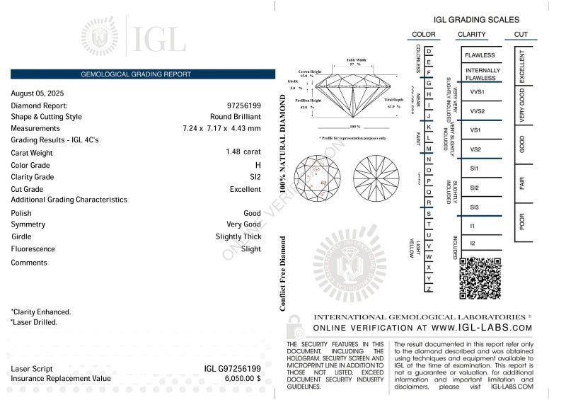 $1 RES * Valuation $10,747.00 * 1.48ct Round Large WHITE Diamond Loose IGL CERT64338279182851111