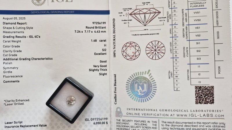 $1 RES * Valuation $10,747.00 * 1.48ct Round Large WHITE Diamond Loose IGL CERT64338279182851113