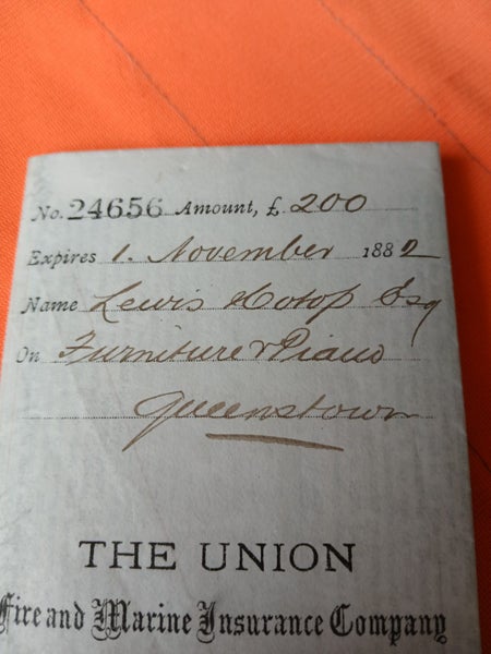 MUSEUM PIECE ULTRA RARE 1882 INSURANCE DOCUMENT LEWIS HOTOP QUEENSTOWN. XXXXX Carousel 1