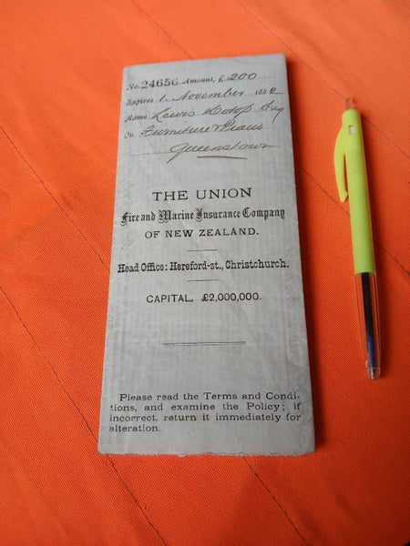 MUSEUM PIECE ULTRA RARE 1882 INSURANCE DOCUMENT LEWIS HOTOP QUEENSTOWN. XXXXX Carousel 2