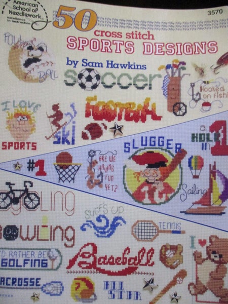 CROSS STITCH~ Sam Hawkins!~ "50 SPORTS Cross Stitch Designs!"~ 17 pages! Carousel 1