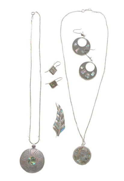 Lot of Sterling Silver & Paua Shell - 2 necklaces, 2 earrings, brooch Carousel 1