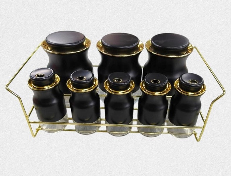 Spice Rack Stand Condiments 8Pcs without oiler - Black Carousel 1