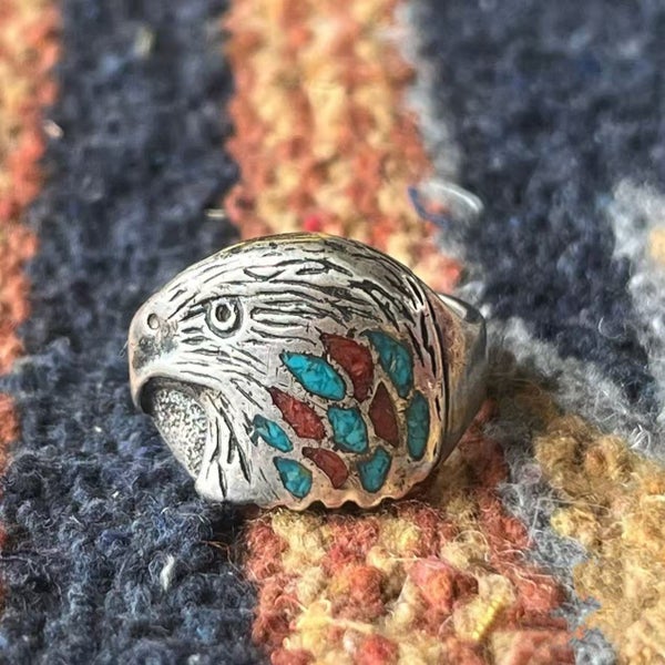 Vintage Navajo Sterling Silver Turquoise & Coral Chips Inlay Eagle Ring Carousel 1