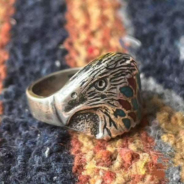 Vintage Navajo Sterling Silver Turquoise & Coral Chips Inlay Eagle Ring Carousel 2