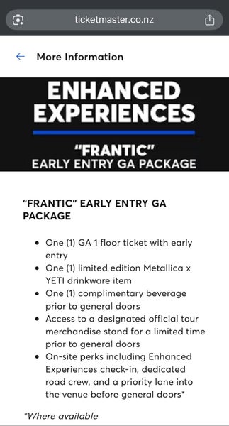 Metallica Tickets GA1 “FRANTIC” Early Entry64352222241539112