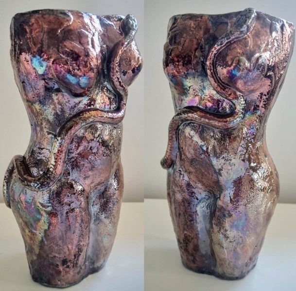 Eve with Snake in Copper Penny, ceramic and Raku artwork sculpture ART SALE Carousel 1