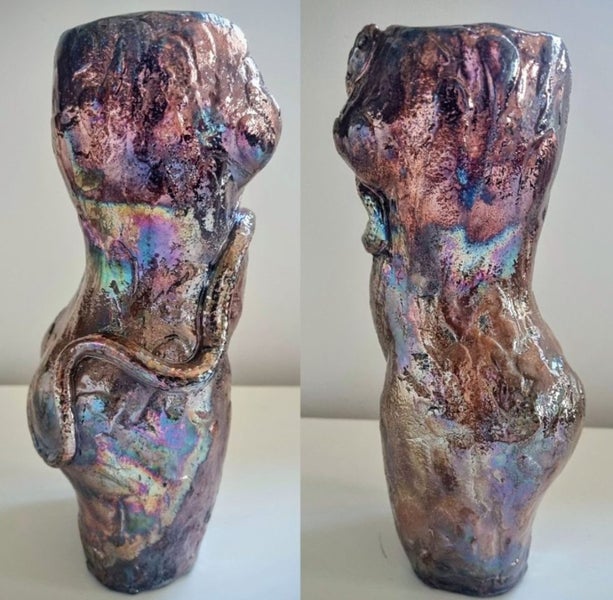 Eve with Snake in Copper Penny, ceramic and Raku artwork sculpture ART SALE Carousel 2