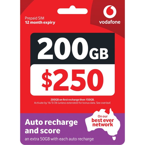 Vodafone $250 Prepaid Starter Pack - 200GB Carousel 1