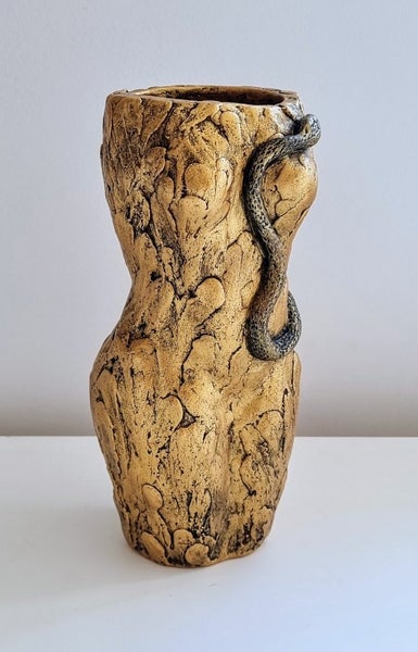 Eve with Snake in Gold, ceramic and Raku glaze artwork sculpture vessel ART SALE Carousel 2