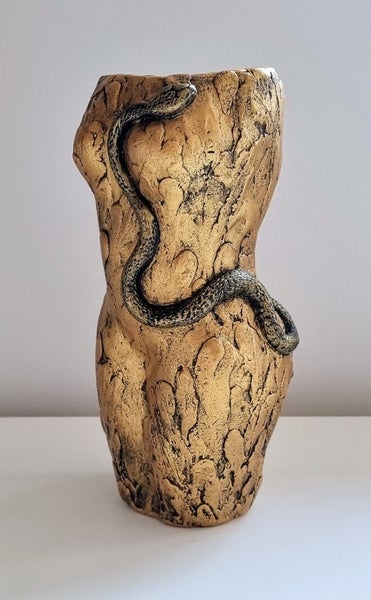 Eve with Snake in Gold, ceramic and Raku glaze artwork sculpture vessel ART SALE Carousel 1