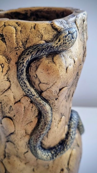 Eve with Snake in Gold, ceramic and Raku glaze artwork sculpture vessel ART SALE Carousel 7