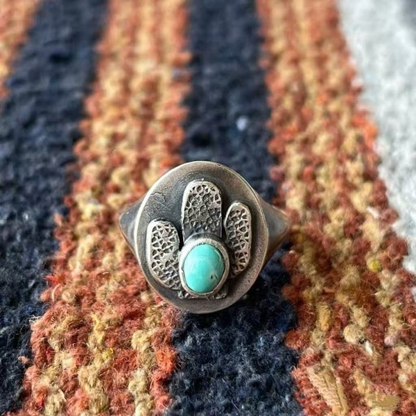 Vintage Sterling Silver Navajo Style Turquoise Cactus Ring Carousel 1