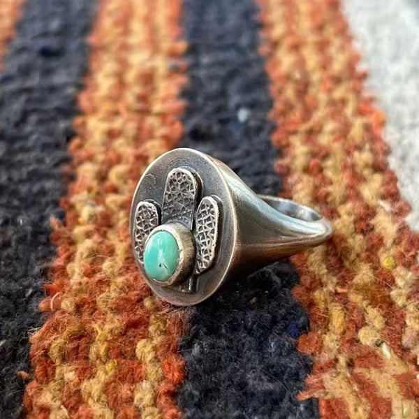 Vintage Sterling Silver Navajo Style Turquoise Cactus Ring Carousel 2
