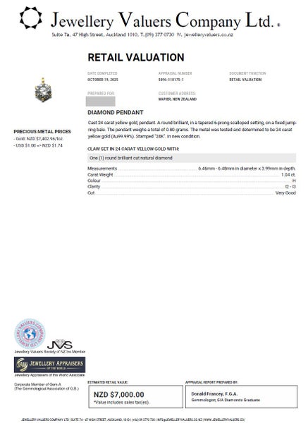 $1 RES * RRP $7,000.00 * 1.04ct DIAMOND Necklace Pendant NZ VALUATION 24KT GOLD64361975327617111