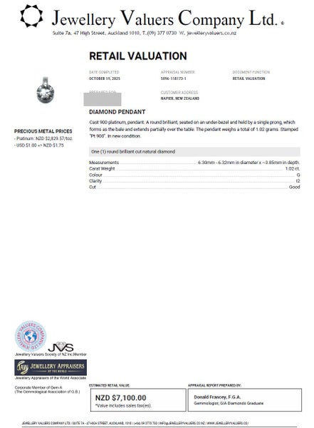 $1 RES * RRP $7,100.00 * 1.02ct DIAMOND Necklace Pendant NZ VALUATION PLATINUM Carousel 2