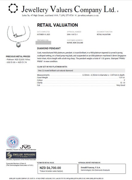 $1 RES * RRP $6,700.00 * 1.01ct DIAMOND Necklace Pendant NZ VALUATION PLATINUM Carousel 2