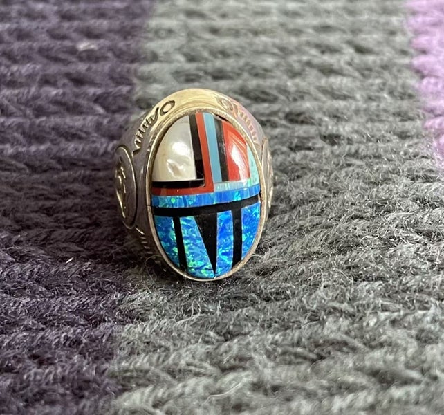 Vintage Zuni Style Sterling Silver Inlay Ring – Coral, Opal & Onyx Mosaic Carousel 1