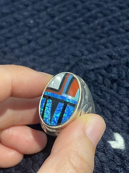 Vintage Zuni Style Sterling Silver Inlay Ring – Coral, Opal & Onyx Mosaic Carousel 11