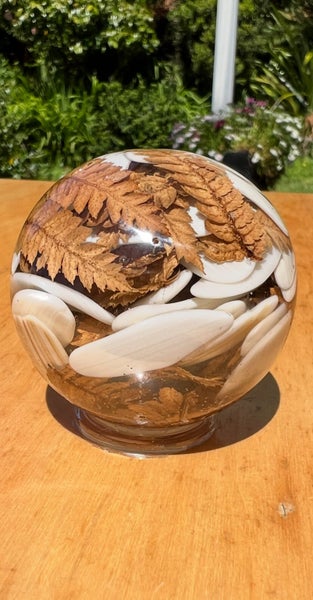 Resin Art Sphere With West Coast Fern And Sea Shells Carousel 1