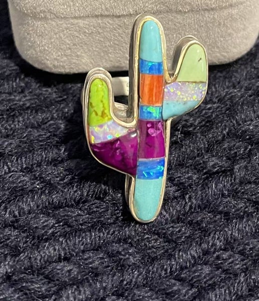 Vintage Native American Zuni Style Sterling Silver Cactus Inlay Ring Carousel 1
