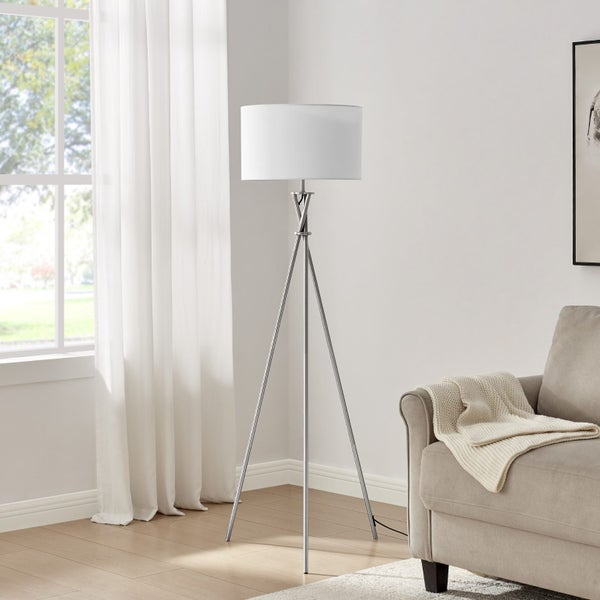 Sherwood Lighting Art Deco Tripod Floor Lamp - Polished Stainless Steel & White Carousel 1