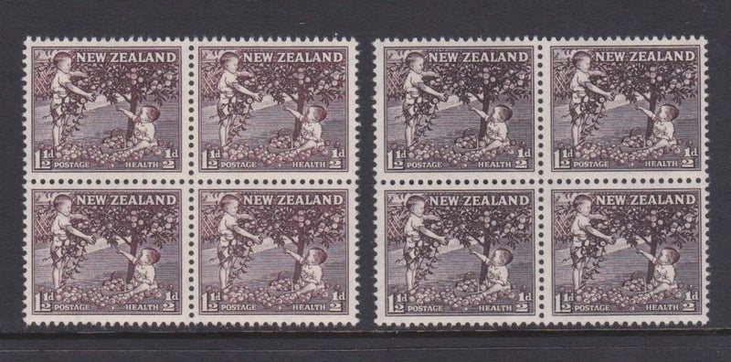 0755. NZ - 1956 Health/Apples 1.5d - Two different shades - Blocks of 4 - UHM Carousel 1