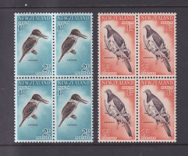 0803/4a. NZ - 1960 Health/Birds Set (2) - Perf 11.5x11 - Blocks of 4 - UHM Carousel 1