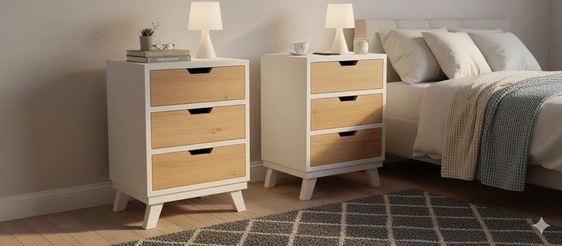 Three-Drawer Bedside Cabinet Pair - Mindi Wood - Carolina Finish Carousel 1